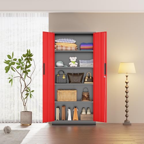 Bonusall 72" Metal Garage Storage Cabinet - 900lbs Heavy Duty Steel Cabinet with 3-Point Locking System & 4 Adjustable Shelves, Lockable Tall Storage for Garage, Office, Warehouse - Black & Red - color: Black&red, size: MSC-72-D16