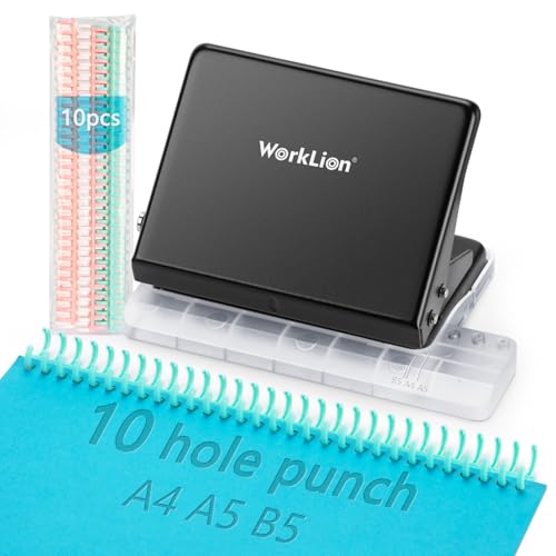 Binding Machine for Planner： WORKLION Metal 10 Hole Punch&Multi Color 30 Hole Loose Leaf Binder Rings(10 pcs) for Making 26 Holes on B5 Paper, 30 Holes on A4, 20 Holes on A5 Book, Black - size: pocket size