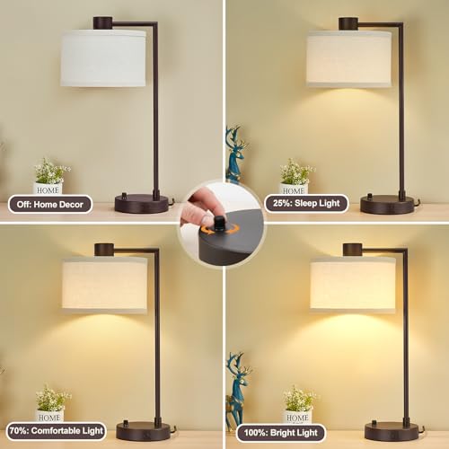 Luvkczc Table Lamp Set of 2, Dimmable Bedside Lamp for Night Stand, USB A+C | Nightstand Lamp with Linen Lampshade, 2 LED Bulbs Included, Desk Lamp for Bedroom, Living Room, End Table, Reading , Office - color: Red Brown
