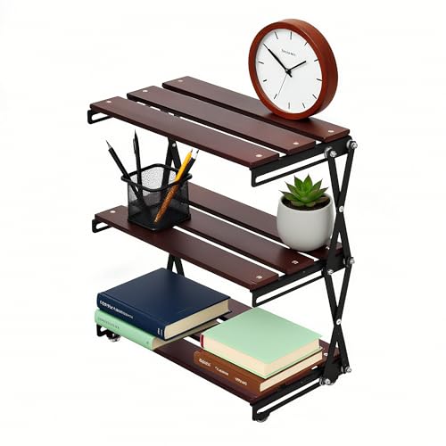 Desk Shelf Organizer 3 Tiers Wood Compact Desk Organizer Storage Rack Metal Frame Office Desk Shelf Organizers,Walnut