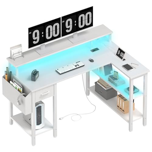 Lufeiya White L Shaped Gaming Desk with Fabric Drawers and Storage Shelves, 47 inch Home Office Desk with Monitor Stand, Computer Desk with LED Lights and Power Outlets, White - color: White