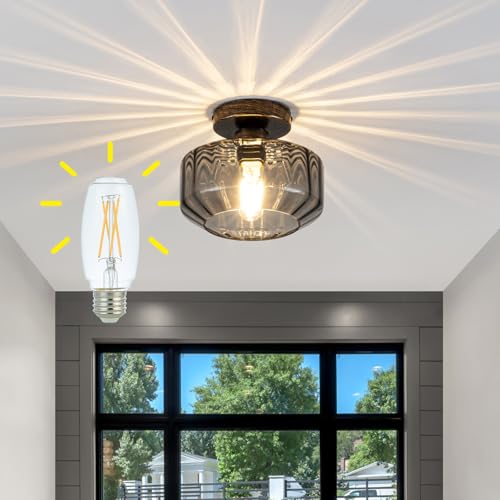 Tbaoinal Semi Flush Mount Ceiling Light Textrued Smoked Glass Shade Matal Base Inclede LED Bulb,for Kitchen/Hallway/Entryway/Bathroom for a Black Champagne Gold - color: Black Champagne Gold