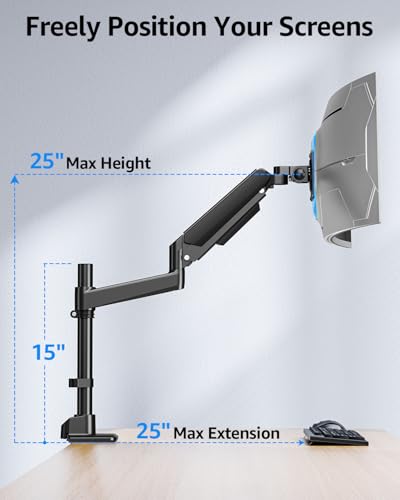 MOUNTUP Odyssey G9 Tall Monitor Arm Holds 4.4-44 lbs for 32-49 Inch Screens | 25" Height for Ultrawide Monitor mount Compatible with Heavy Samsung LG Flat/Curved Monitors, Full Motion Monitor Desk Stand - size: Single(32''-49'')