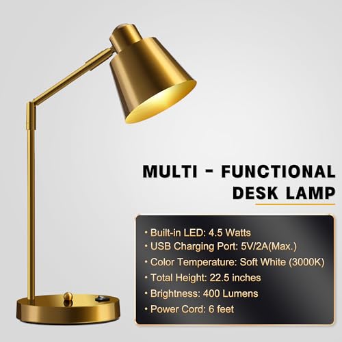 Anxingtools LED Desk Lamp with Dual USB Charging Ports, 100% Metal, 270° Swivel Arms, Soft White Light (3000K), Bedside Reading Lamp, Home Office Lamp(Golden) - color: Golden
