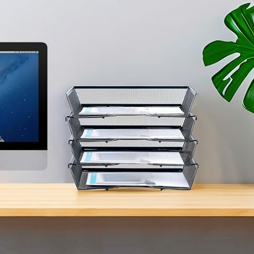 SETTFRFE 4 Tier Metal Letter Tray Desk Organizer-Stackable Paper Tray,Black | Desk Tray Organizer with Reinforced Edges,Stackable File Trays Organizers and Storage System for Office,School,Home