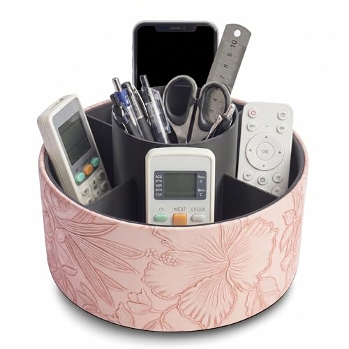 Round Leather Art Supply Organizer,Remote Control Holder,360 Degree Spinning,Multi-Functional Pencil Holder,5 Compartments Desktop Stationary Organizer(1-Carved Pink) - color: 1-9Carved Pink, size: 360 Degree Rotation