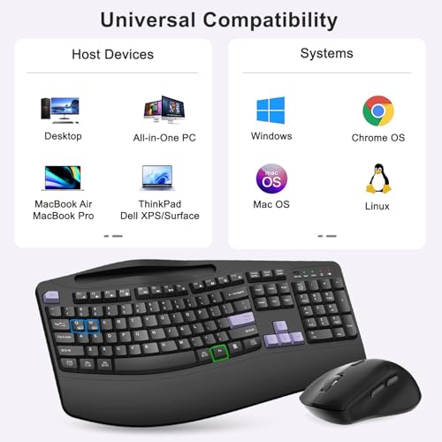 Wireless Keyboard and Mouse Combo, Full Size Ergonomic Wave Keys(Purple-B) - color: Purple Black