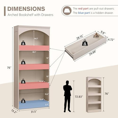 IFGET 76" Tall Arched Bookcase with 1PC Magnetic Lock Drawer, Cream | Modern Wooden Arch Bookshelf w/3 Pull-Out Drawers, Farmhouse 4 Tiers Book Shelf w/Open Shelves for Living Room, Office - color: Cream, size: With Drawers
