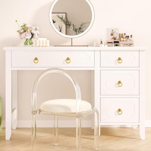 MaverickFurni 45" White Desk with Drawers, Small Desk with Golden Handle | Home Office Desk with Storage for Bedroom, Make Up Vanity Desk with Gold Accents for Girls, White