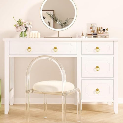 MaverickFurni 45" White Desk with Drawers, Small Desk with Golden Handle | Home Office Desk with Storage for Bedroom, Make Up Vanity Desk with Gold Accents for Girls, White