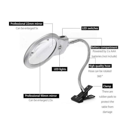 2X/6X Dual Lens Flexible Arm Magnifying with LED Light Clamp-On Desk Lamp for Watch Repair, Jewelry Making & Hobby Work