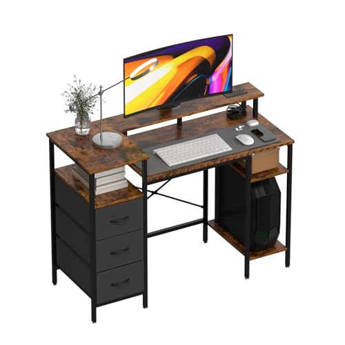 VINGLI 47 Inch L-Shaped Computer Desk, Small Computer Gaming Desk with Fabric Drawers & Storage Shelves, Charging Station, Monitor Stand for Home, Office, Brown - color: Brown, size: 47 Inch