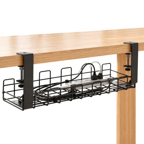 Under Desk Cable Management Tray 2 Pack, No Drill Metal Cord Organizer Box with Clamp Mount, Wire Management Rack for Standing Desk, Home Office & Gaming PC Setup, Black, 12.9 x 4.9 in