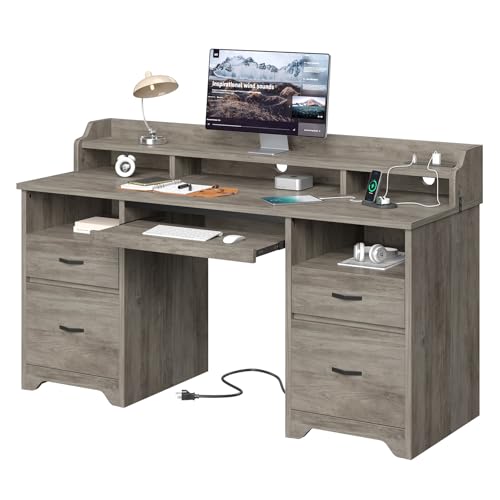 Bestier 59" Executive Desk with Charging Station & Monitor Stand, Grey - color: Grey