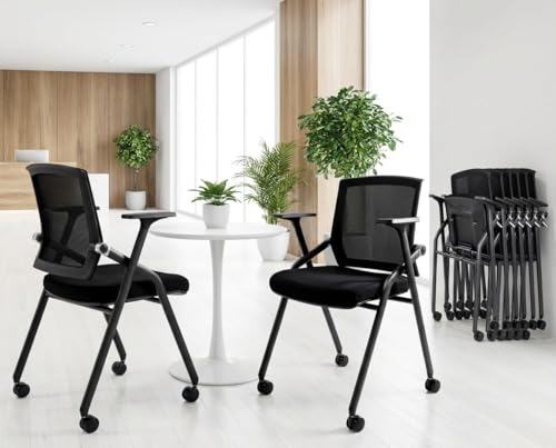 2 Pack Stackable Conference Room Chairs with Paddle Folding Office Foldable Desk Chair Mesh Back and Arms for Conference Meeting Guest Reception Home Office Training Room Chair Black - color: Black, size: 2 Pack