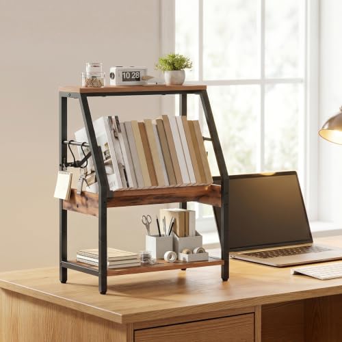 HOOBRO Desk Shelf, 3-Tier Desktop Bookshelf, Tabletop Organizer Storage - color: Rustic Brown