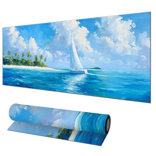HOMETITUTE Large Mouse Pad 31.5x11.8 Inch Gaming Mousepad Blue Sea Island Art Non-Slip Keyboard Desktop Protector Mat XL Mouse Pad for Home Office Laptop Wireless Mice Accessories - color: Blue Sea Island Art