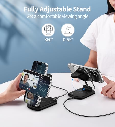 Mukiya 3 in 1 Magnetic Wireless Charging Station for Apple Devices | Fast Foldable Travel Charger Stand with Night Light for Mag-enabled iPhone 17 16 15 14 13 12 Series, Apple Watch/AirPods Pro - color: Upgraded Black