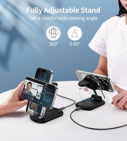 Mukiya 3 in 1 Magnetic Wireless Charging Station for Apple Devices | Fast Foldable Travel Charger Stand with Night Light for Mag-enabled iPhone 17 16 15 14 13 12 Series, Apple Watch/AirPods Pro - color: Upgraded Black