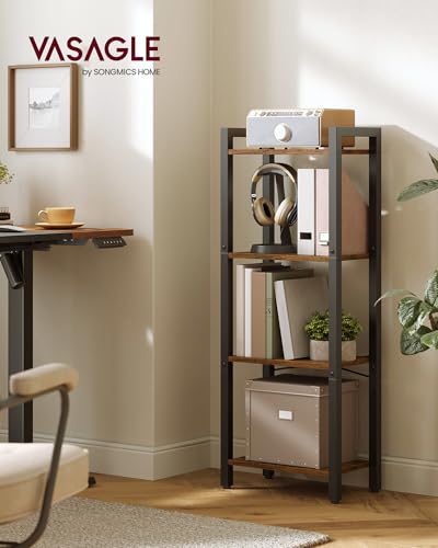 VASAGLE 4-Tier Bookshelf, Bookcase Book Shelf with Steel Frame - color: Rustic Brown + Ink Black, size: 4 Tiers (9.4"D x 15.7"W x 42"H)