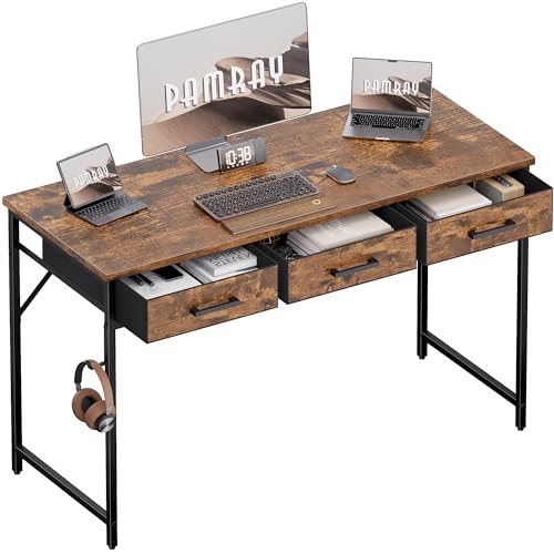 Pamray 47 Inch Small Computer Desk with 3 Drawers for Bedroom Study Writing Home Office Table for Small Spaces Vintage - color: Vintage, size: 47 Inch