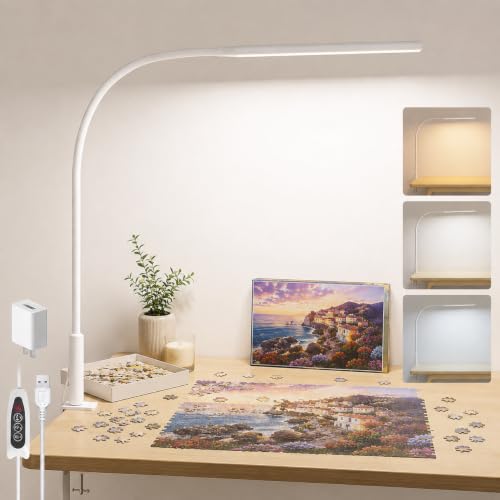 Desk Lamp with Clamp for Home Office, 3 Colors Stepless Dimming for Puzzle - color: White Pro