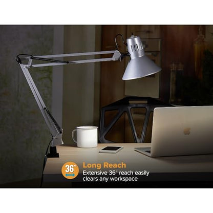 Bostitch Office VLF100-SLV Swing Arm Desk Lamp with Clamp Mount, 36" Reach with Multi-Joint Adjustment, Includes Replaceable LED Bulb (VLF), Silver - size: Clamp 36" Reach, style: Clamp, Silver