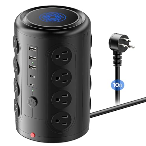 TenTrend Power Strip Tower with 16 Outlets and 5 USB Ports, 10 FT Cord | Vertical Power Strip 10 FT Extension Cord, 2000J Surge Protector Charging Station for Home Office Desk, Dorm Room Essentials