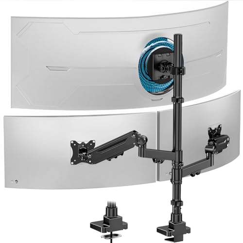 Triple Monitor Mount up to 49 inches, Fully Adjustable Heavy Duty 3 Monitor Arm with Gas Spring, Desk Mount for 3 Screens, C-Clamp & Grommet Base, Holds 44 lbs, Black - color: Black