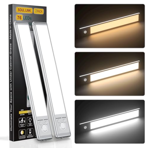 Soul Link 2-Pack 9.5" 76-LED Motion Sensor Under Cabinet Lights, Wireless | Button control, 1500mAh rechargeable batteries, magnetic mounting, dimming and 3 color modes for kitchen or closet. - size: 9.5inch - 2pack