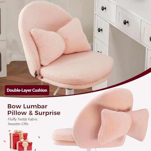GTPLAYER Velvet Tall Office Chair with Wheels Vanity Chairs with Back, Versatile Height Use: Office to Bar Stools Small Ergonomic Comfy Armlees Computer Desk Chair with Bow Lumbar Pillow for Gift - color: Tv-peach