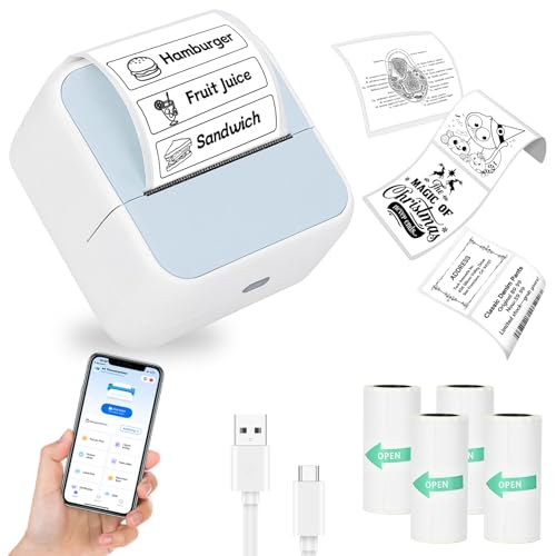Sticker Printer with 4 Roll Paper Portable Inkless Printer - Blue - color: Blue