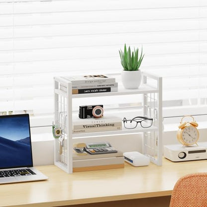 ELITEROO Desk Shelf Organizer, Tiered Wood Desktop Book Shelf, White - color: White