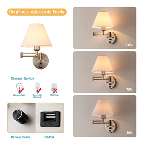Swing Arm Wall Sconces, Plug-in Wall lamp,Bedroom Wall lamp ， White Fabric Shade，，with dimmable Switch and USB Charging Port, Suitable for Bedside, Living Room, Reading (Nickel) - color: Nickel
