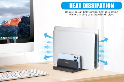 Vertical Laptop Stand, 3 Slot Adjustable Laptop Storage Rack and Desk Organizer, Silicone-Padded Holder for Multiple Devices Storage, Compatible Stand for Tablets and Devices up to 17 Inches