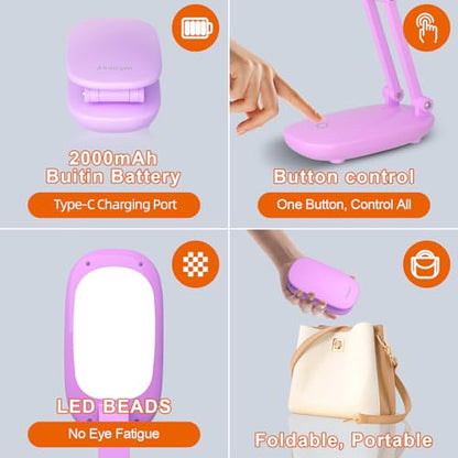 Akejrym LED Desk Lamp for Office Home & Battery Operated Lamp Rechargeable Lamp Foldable & Portable Light, [2-Fold Bracket] 3 Brightness Dimmable Small Desk Lamp Wireless Reading Lamp (Purple) - color: Purple