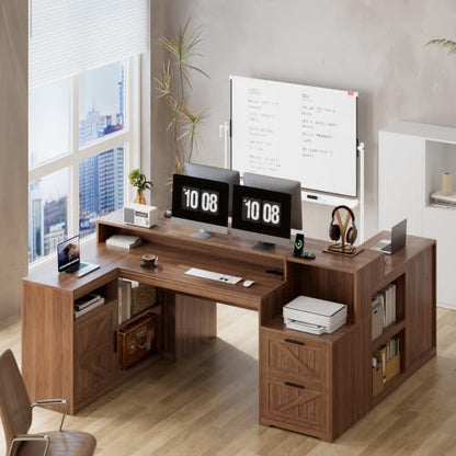 TVU Farmhouse L Shaped Desk with Drawers, 62.2" Home Office Desk with Storage Shelves and Power Outlet, L Shaped Computer Desk with Monitor Stand and Printer Shelf, Brown - color: Brown