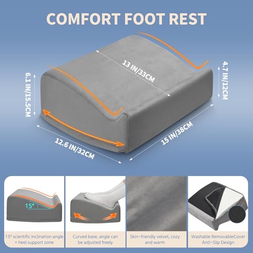 Foot Rest Under Desk with Rocking Base | Gray Velvet | Washable velvet cover | 15° tilt + rocking base | 2 heights: 6.1"/7.3" | Non-slip | Office, gaming, home - color: Gray, size: 12.6" L x 15" W x 6.1"