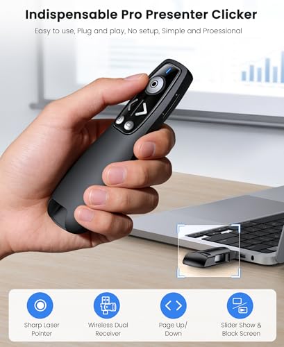 Presentation Clicker with USB-A & USB-C Receiver, 2.4GHz Wireless Presenter Remote with Volume Control & Red Light Pointer, Clicker for PowerPoint Slides Slide Advancer for Mac Computer, Plug & Play - color: Black