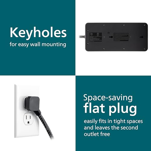 Philips 12-Outlet Surge Protector Power Strip, 6ft Braided Extension Cord, 3500 Joules, Multi Plug Outlet Extender, Adapter-Spaced, Black, SPP3813B/37 - style: 12 Outlet