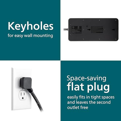 Philips 12-Outlet Surge Protector Power Strip, 6ft Braided Extension Cord, 3500 Joules, Multi Plug Outlet Extender, Adapter-Spaced, Black, SPP3813B/37 - style: 12 Outlet