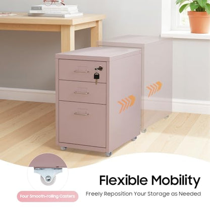 CNCEST 2-Drawer Vertical Metal File Cabinet Pink Lockable Rolling Casters | Steel Body with Smooth Extension Slides Compact Unit Fits Under Desks in Home Offices Quick Assembly Space-Saving Design - color: Pink