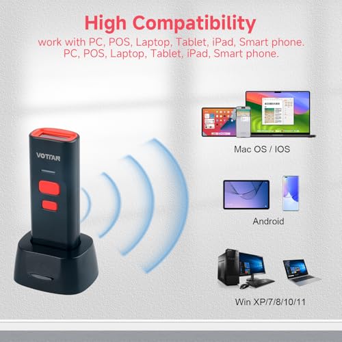 VOTTAN Bluetooth QR Barcode Scanner with Charge Stand, 1D 2D PDF417 UPC Pocket Bar Code Reader, 3-in-1 Rechargeable Automatic Scan Wireless Barcode Scanner for POS, PC, iOS, Android