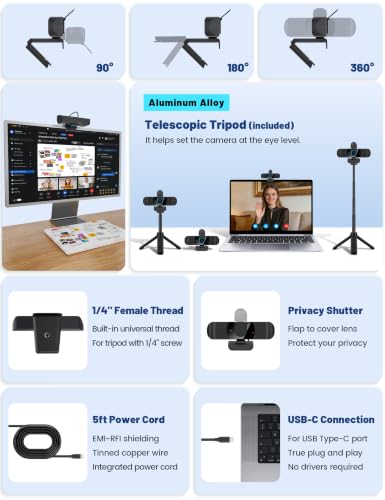 Pro QHD 2K/60fps Webcam with Tripod, External USB-C Camera for PC/Laptop | Dual noise-cancelling mics | Auto-focus | Wide-angle | Low-light correction | 360° rotation | CMOS sensor | Plug and Play - style: 2K | 60fps | USB-C Cable | Tripod Included