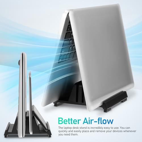 Adjustable Black Laptop Vertical Stand Dual Slot Desktop Holder Workspace Organizer for Office Desk