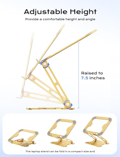 JCZT Adjustable Laptop Stand for Desk, Metal Foldable Laptop Riser, Gold | Ergonomic Portable Laptop Stand, Ventilated Cooling Computer Notebook Holder for MacBook Air Pro, All 10-16'' Laptops - color: Gold