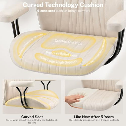 Leather Office Chair with Removable Armrests, Mid Back Ergonomic Desk Chair with Lumbar Support, Adjustable Height Rocking Swivel Executive Chair for Home Office, White - color: White