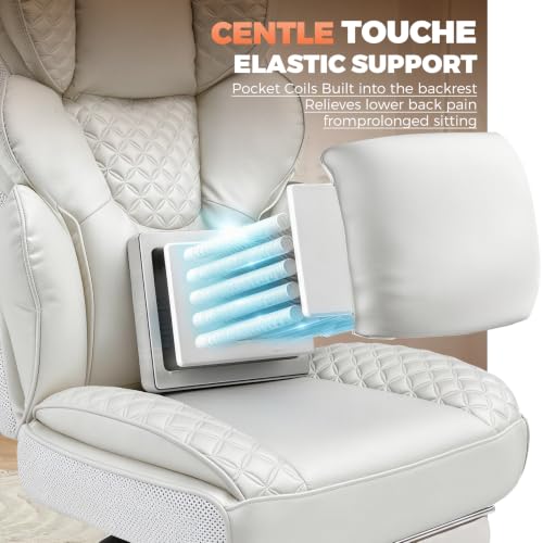 COMHOMA Big and Tall Office Chair with Upgrade Footrest, Heavy Duty Gaming Chair High Back Executive Chair with Spring Lumbar Support for Lower Back Pain Relief, 150°Reclining Adjustable Armrests - color: White