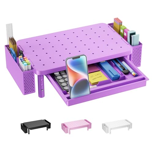 WALI Computer Monitor Stand with Storage and Pen Holder | 3 Height Adjustable Desk Organizer with Drawer, Desk Laptop Monitor Riser for Computer, Printer(PTT003-V), 1 Pack, Violet - color: Violet, size: 14.6"L * 9.3"W,11" 1 Drawer, 2 Pen Holder