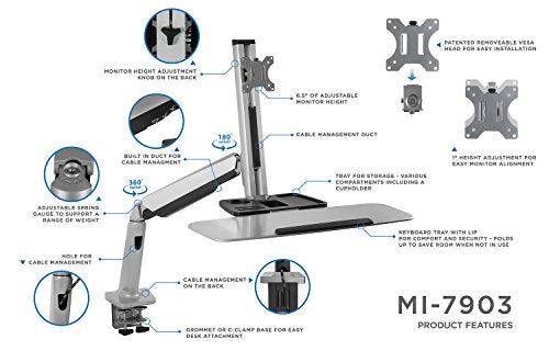 Mount-It! Sit-Stand Monitor Arm Desk Mount Workstation with Keyboard Tray, Single Monitor Mount Fits Up to 32”, Gas Spring Height Adjustable, VESA 75x75 100x100, Clamp or Grommet, Silver